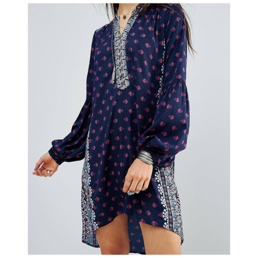 RAGA Navy Pink Boho Balloon Sleeve Tunic Mini Dress Size M NWT